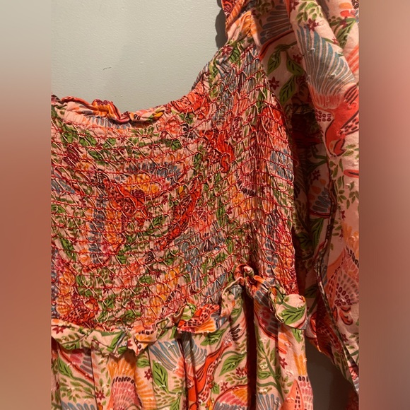 FARM RIO ANTHROPOLOGIE PINK MACAW FLIGHT SMOCKED MIDI DRESS - Picture 7 of 13